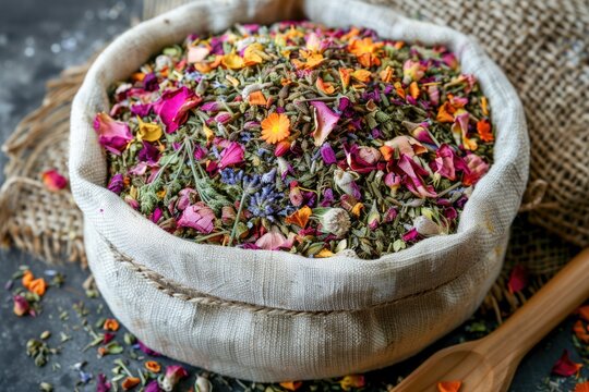 Aromatic herb blend for tea  bath  cosmetics in cotton bag