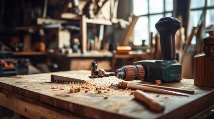 Craft tools for innovative projects: jigsaw, knife, and drill on a workbench. Perfect for handmade woodworking and DIY creations.