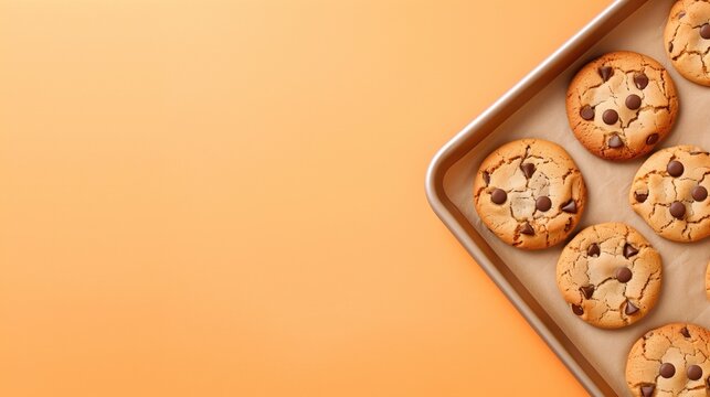 Freshly baked chocolate chip cookies on a baking sheet with orange background with copy space. National Cookie Day celebration.