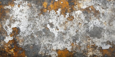 A textured surface featuring rust, peeling paint, and a mix of earthy tones.