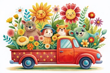 Vibrant colors illustrate a whimsical pickup truck adorned with playful flowers, sunshine, and cute animals, creating a cheerful and carefree summer atmosphere.