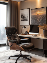 Fototapeta premium A black leather office chair sits in front of a desk with a computer monitor