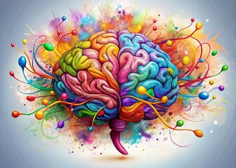 A creative illustration of a human brain with colorful scribbles, swirling patterns, and abstract shapes bursting out,