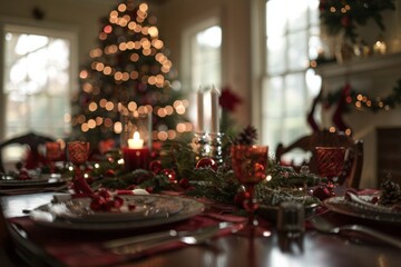 Picture a beautifully adorned Christmas dinner table, softly lit by candlelight, creating a warm and inviting ambiance for festive gatherings with loved ones to celebrate the holiday season together