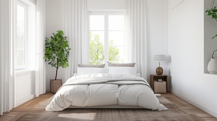 Fototapeta premium Bedroom with double bed, white light interior design