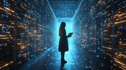 Obraz premium Rear view of a woman walking in a vibrant data center corridor with edge computing concept