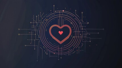 Fototapeta premium Heart of Technology - Minimalistic design with a heart icon surrounded by digital elements symbolizing the convergence of technology and love.