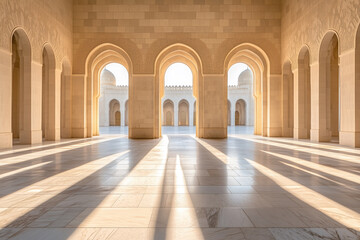 Obraz premium Elegant architecture with arched doorways and sunlit shadows in a bright courtyard
