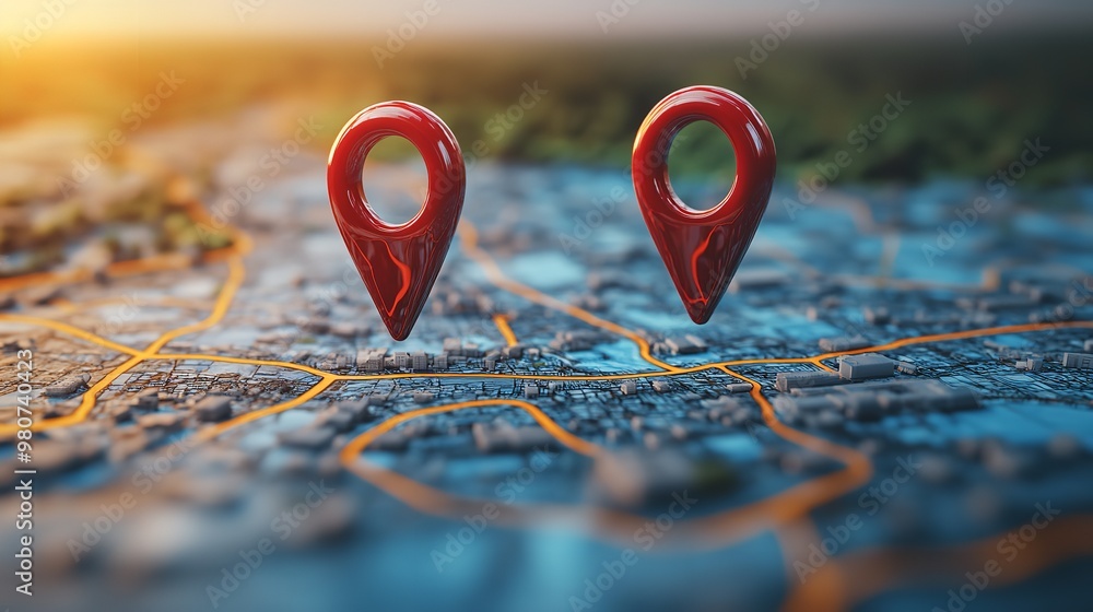 Poster digital map displaying a location with two pins set, representing ai technology in gps, innovation i
