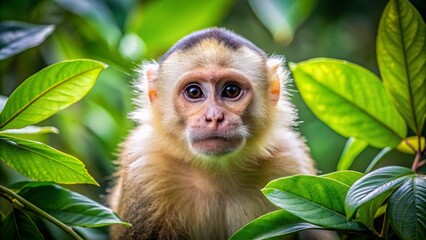 Fototapeta premium A curious adult capuchin monkey with bright inquisitive eyes and fluffy fur sits on a tree branch amidst
