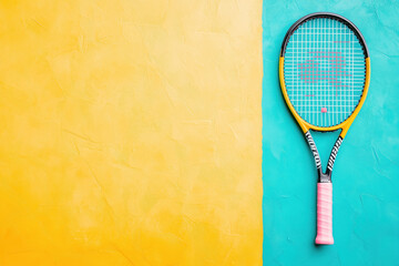 Tennis racket placed on a vibrant yellow and teal background for a colorful minimalistic design