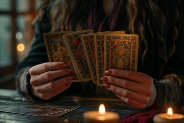 Mysterious tarot person holding tarot cards esoteric and occult themes with vintage style AI generative