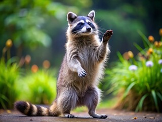 Fototapeta premium A curious raccoon stands on its hind legs, deftly flipping a shiny object with its front paws, showcasing