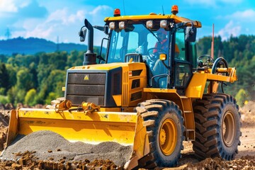 Obraz premium Grader leveling gravel on road construction site