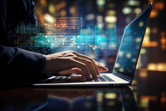 Businessman's hands are working on a laptop. Virtual and Internet hologram with financial charts, innovative futuristic technologies, chatbot, digital transformation, technical analytics.