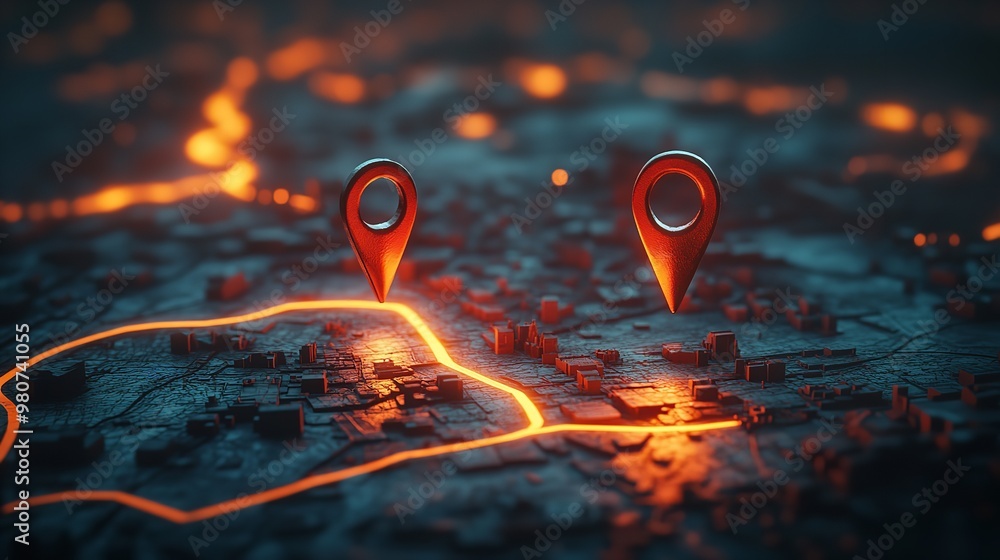 Poster digital map displaying a location with two pins set, representing ai technology in gps, innovation i