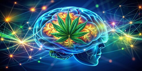 Vibrant illustration of a brain with cannabis leaves and molecules seamlessly integrated into its structure, highlighting the profound impact of marijuana on neurological functions.