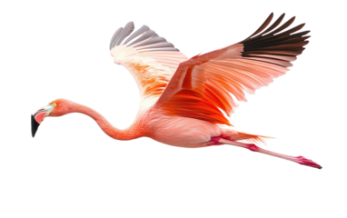 Flying pink flamingo bird isolated on white or transparent background