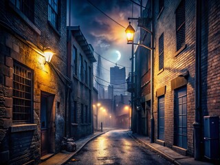 Fototapeta premium A dark and ominous city alleyway at dusk, illuminated by a single streetlight, with a loud echoes of