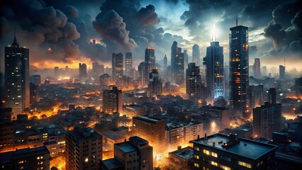Obraz premium A dark and mysterious cityscape at night with all lights extinguished, casting an eerie silence, conveying a sense