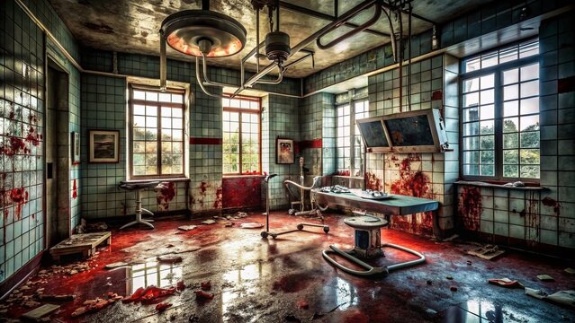 A dark and foreboding abandoned hospital room with rusted medical equipment, shattered glass, and crimson bloodstains