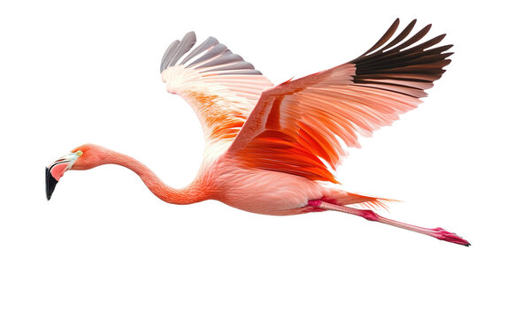 Flying pink flamingo bird isolated on white or transparent background