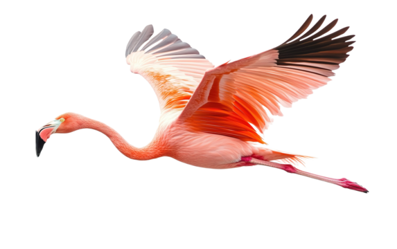Flying pink flamingo bird isolated on white or transparent background