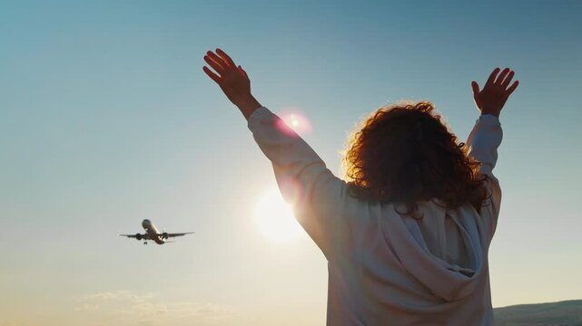 Silhouette happy woman with curly hair arms raised watches plane fly into distance against bright, clear sky, lens flare during sunset summer. Concept travel, freedom, new beginnings. Lifestyle