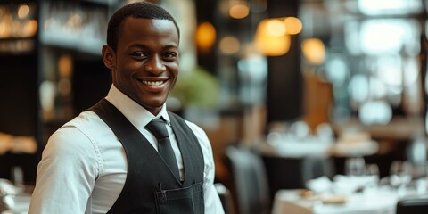 Obraz premium Smiling man in white shirt and vest, restaurant background.