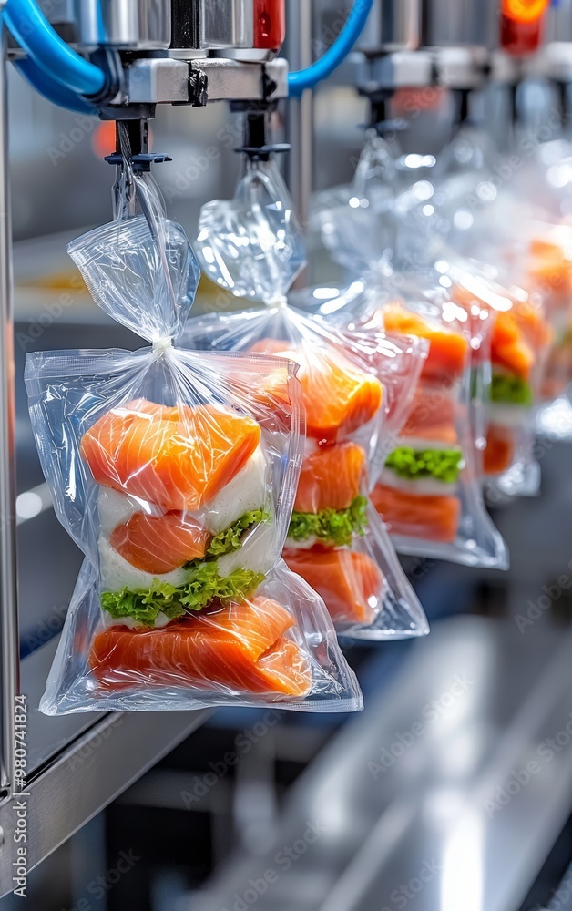 Poster factory setting with automated packaging machine sealing prepared meals, cutting-edge technology in 
