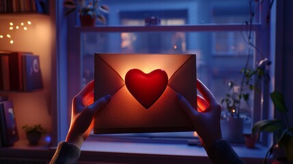 Euphoric Moment of Receiving Love: Person Delighted by Surprise Heart-Shaped Package in Mail - Online Romance Concept
