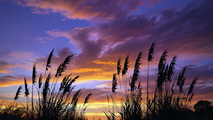 Obraz premium Silhouettes Against the Sky: Pampas Grass at Sunset