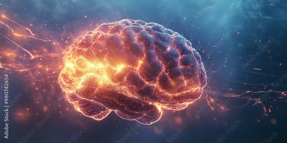 Poster glowing brain with sparks and lines.