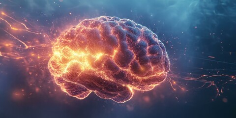 Obraz premium Glowing brain with sparks and lines.