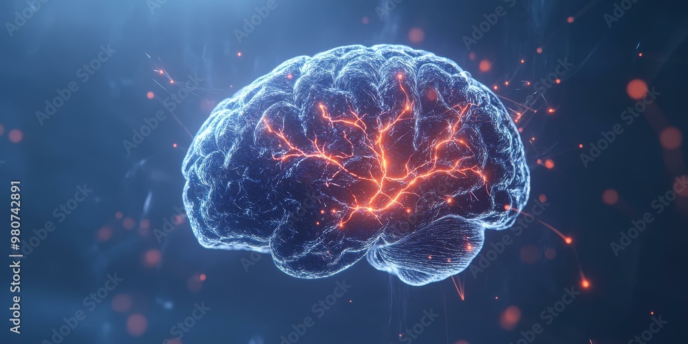 Poster glowing brain with red neural pathways.