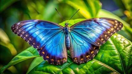 Naklejka premium A delicate blue morpho butterfly perches on a vibrant green leaf, its iridescent wings glimmering in the sunlight,