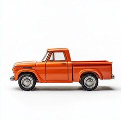 Orange metal toy car, pickup truck, isolated on white