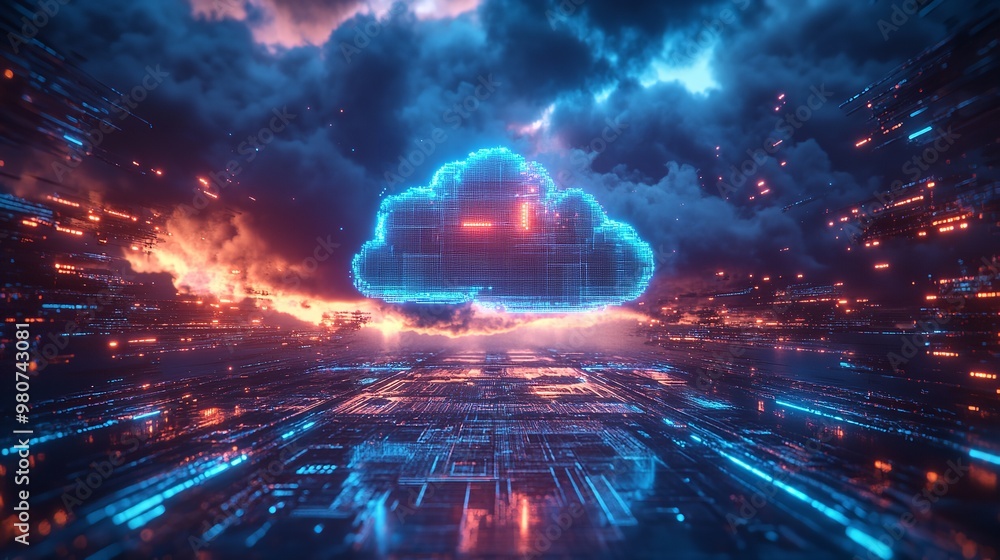 Poster digital cloud on a circuit board background, glowing elements, concept of cloud computing. generativ