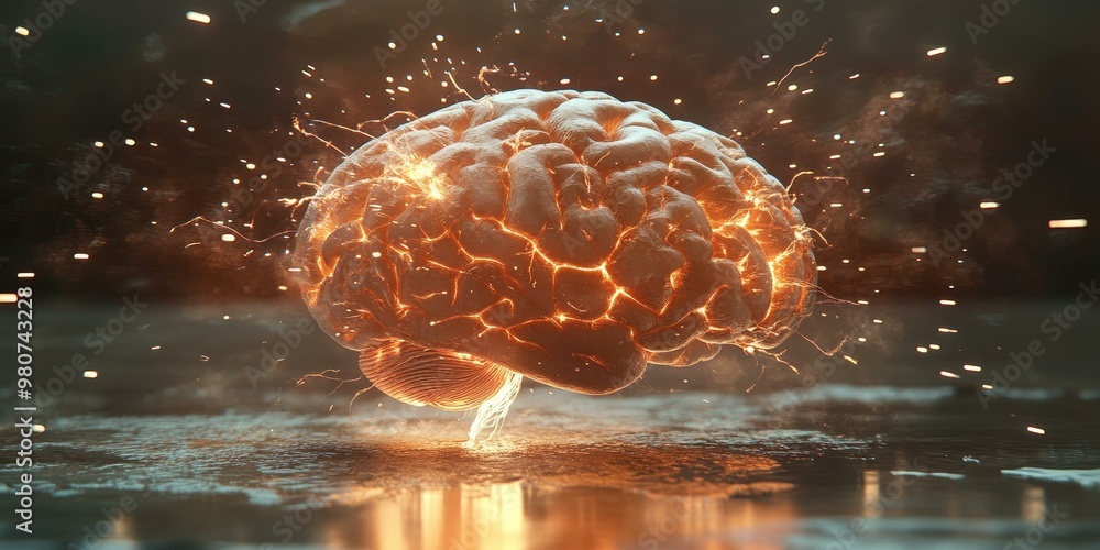 Poster glowing brain with sparks and reflection.