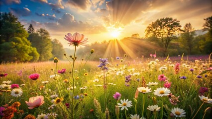 Fototapeta premium Warm sunlight illuminates a lush meadow blanketed with vibrant wildflowers swaying gently in the breeze against a serene soft peach-fuzz toned summer day backdrop.