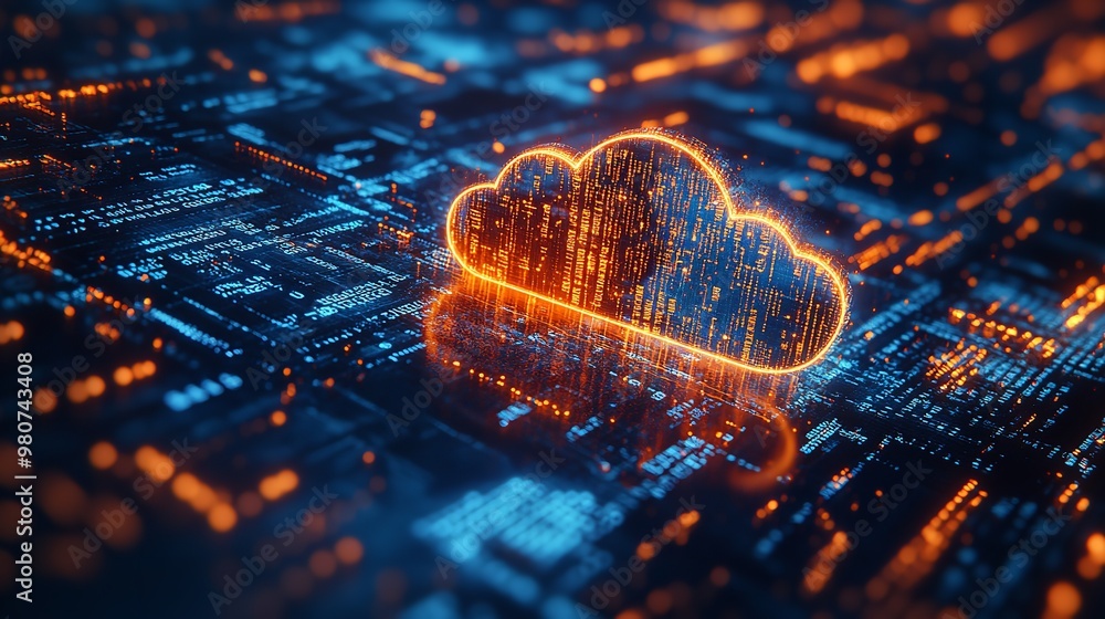 Poster digital cloud on a circuit board background, glowing elements, concept of cloud computing. generativ