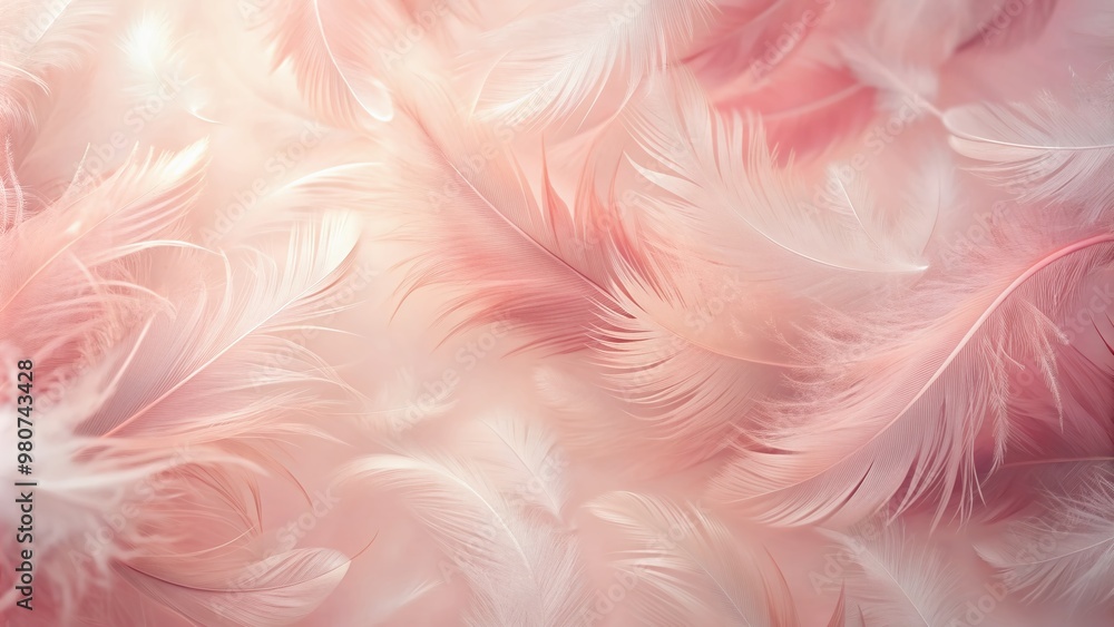 Poster softly gradient pastel pink background with delicate, feathery textures and subtle sheen, creating a