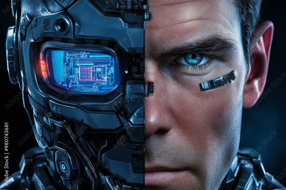 Aufkleber cyborg face with glowing orange neural components symbolizing the advanced neural technologies drivi