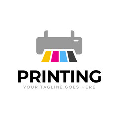 Printing company logo design with printer graphics  illustration with cyan, magenta, yellow, and black color.