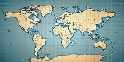 A detailed illustration of a blank world map with country borders, oceans, and subtle grid patterns, providing a