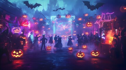 Spooky Halloween Dance Party with Costumed Revelers and Glowing Neon Lighting