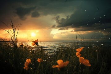 Flower feild with raining sun landscape outdoors.