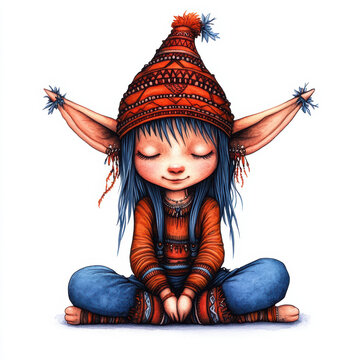 A whimsical Christmas elf with tribal accents sits peacefully, wearing vibrant orange hat and blue attire. elfs serene expression adds magical touch to festive spirit