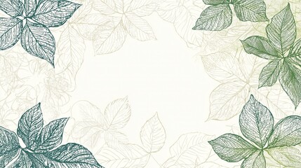 Delicate green and beige leaves frame a white background.