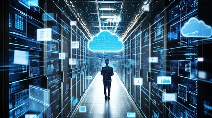 A man in a server room walks toward a cloud symbol, representing data storage and processing.